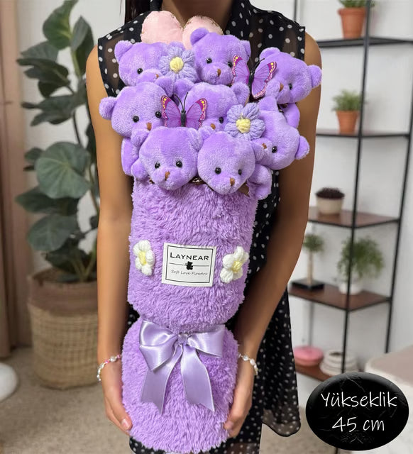 Premium Lila Mor Sevimli Peluş Ayıcıklı Vazo Tasarımlı Buket